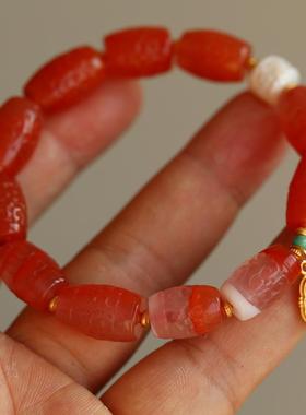 天然南红精雕回纹桶珠手链配贝壳配饰松石配珠天然蜜蜡精雕弥勒佛