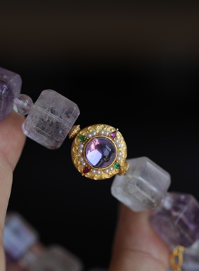 天然超七水晶方块手链配纯银鎏金镶嵌紫水晶珍珠纯银鎏金镶嵌翡翠