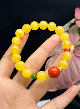 天然精美俄料鸡油黄蜜蜡手链搭配红玛瑙南红碧玉上手超美简约610