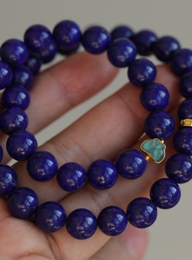 高端定制天然青金石双圈手链配纯银鎏金镶嵌蓝水翡翠葫芦鎏金隔片