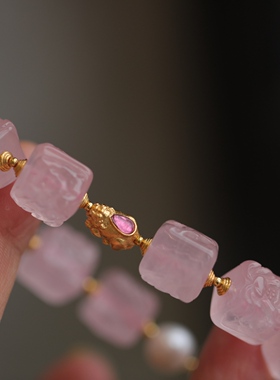 天然马粉精雕凤凰牡丹方块手链超美的粉配纯银鎏金象神碧玺貔貅63