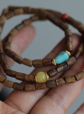 文玩风天然沉香直管多圈真正的沉香原矿松石随形蜜蜡老形珠南红