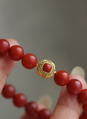 高端定制天然南手链精品一枚配纯银鎏金镶嵌南红配饰简约叠戴超美