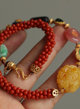 超美的纯手工手链天然满色满肉南红手链搭配天然蜜蜡牡丹花松石