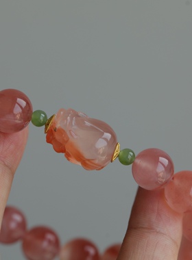 超美的天然冰飘南红手链配冰飘南红精雕貔貅天然碧玉配珠正宗川料