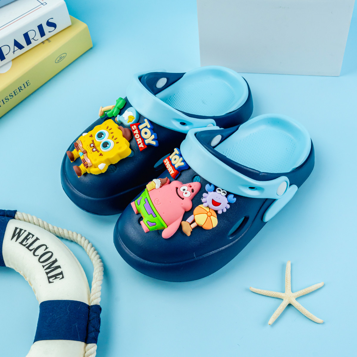 新款男童拖鞋卡通海绵宝宝双拼色百搭eva洞洞鞋软底防滑包头凉鞋,淘宝优惠券,粉丝福利购,淘宝优惠卷