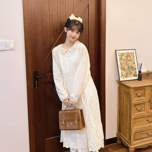 日系甜美蕾丝花边娃娃领连衣裙森系叠穿内衬裙仙女白色打底裙长裙 - 图3