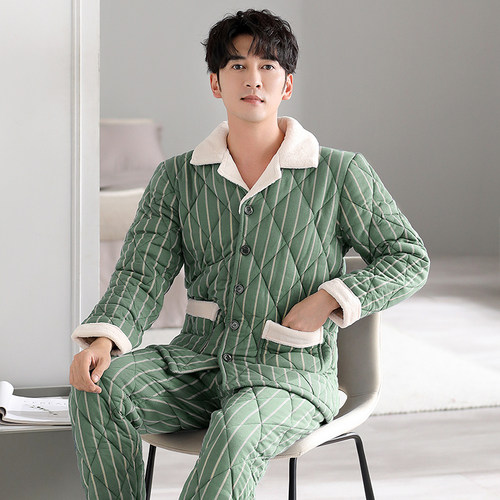 男士睡衣纯棉秋冬款三层夹棉加厚冬季加大码保暖家居服套装可外穿 - 图0