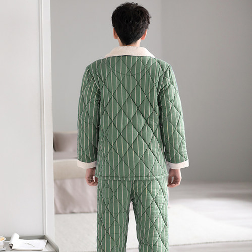 男士睡衣纯棉秋冬款三层夹棉加厚冬季加大码保暖家居服套装可外穿 - 图2