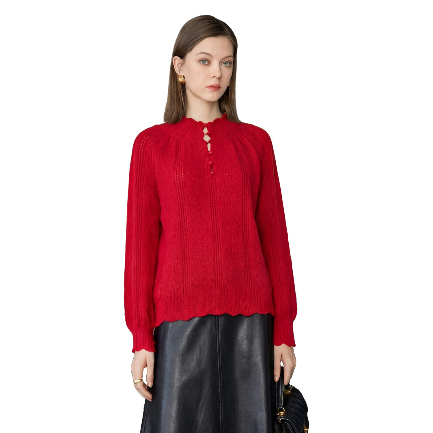 【100%羊毛】颜域红色提花针织毛衣女秋冬保暖复古粗毛线V领上衣,淘宝优惠券,粉丝福利购,淘宝优惠卷