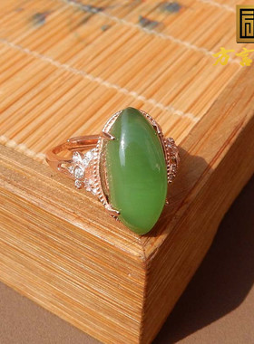 沸腾方言精品和田玉特色俄罗斯老坑料灵活猫眼碧玉银镶玉戒指s10