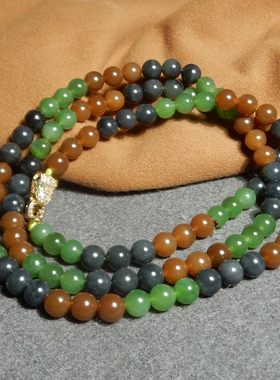 震撼方言和田玉特色新疆且末红糖碧玉墨玉多宝8mm圆珠特色项链X3