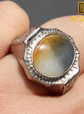 方言黄沁油皮青花籽料玉戒指