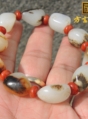 方言和田玉老熟10颗珍稀白色名品黑红皮羊脂玉手串籽料原石手链F