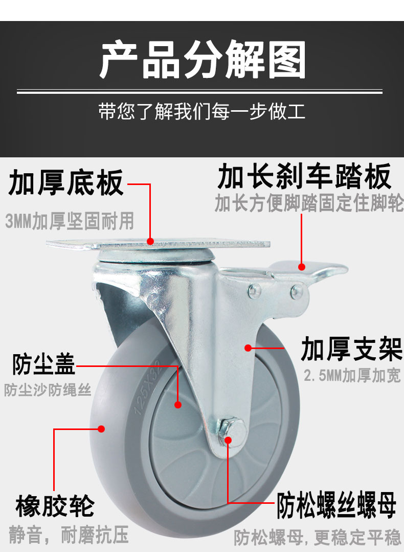 中型TPR灰色脚轮3寸4寸5寸静音耐磨万向轮刹车轮车轮子手推平板车 - 图2