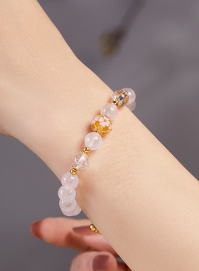 s925纯银流苏冷珐琅花球粉水晶白水晶串珠手串女新中式高级感手链