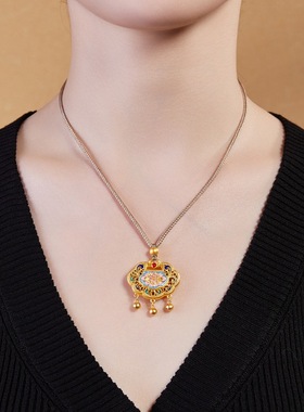 足银999古法镂空冷珐琅花开富贵平安锁吊坠项链女新中式新年礼物