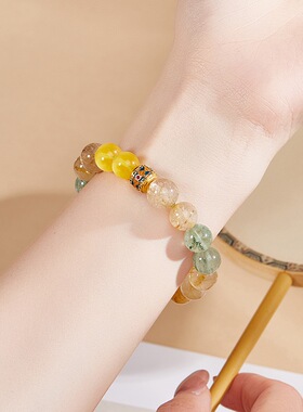 足银999冷珐琅银珠金发晶黄玛瑙绿幽灵串珠手串女新中式高级手链