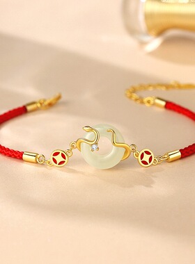 原创钱币灵蛇平安扣手绳国潮新中式本命年生肖蛇年红绳手链女纯银