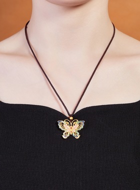 足银999古法花丝镂空冷珐琅脉脉花蝴蝶吊坠项链女新中式新年礼物