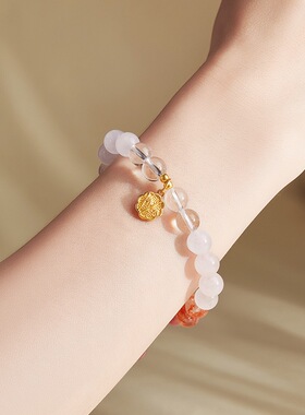 S925纯银蔷薇石粉水晶白水晶串珠手串女新中式小众高级感设计手链