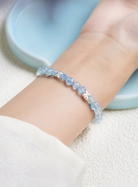 新中式S925纯银蝴蝶手链女天然海蓝宝串珠手串小众高级感饰品礼物