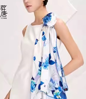 羿唐丝绸原创设计丝巾【醉青花】天然桑蚕丝长巾防嗮披肩女外搭