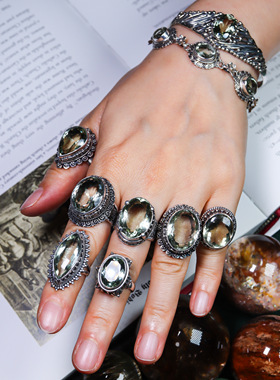 尼泊尔复古手工绿水晶纯银戒指女