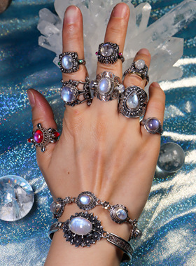 尼泊尔复古月光石S925纯银戒指女