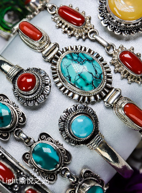 尼泊尔手工蜜蜡绿松石民族风手镯