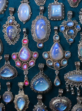 尼泊尔手工镶嵌月光石吊坠项链女