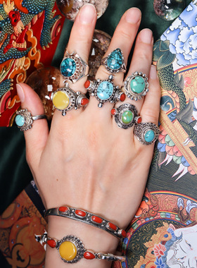 尼泊尔手工精品藏式纯银宝石戒指