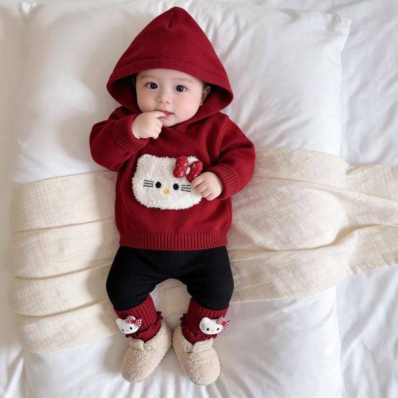 新品0-2岁春秋针织毛线衣服二件套 女宝红色连帽喜庆抓周满月套装,淘宝优惠券,粉丝福利购,淘宝优惠卷
