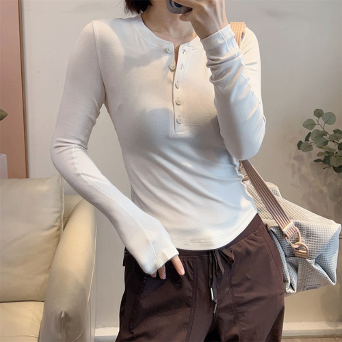 斯斯0301 HOLD巨舒服 亨利领莫代尔五扣高弹性修身长袖纯色T恤 - 图2