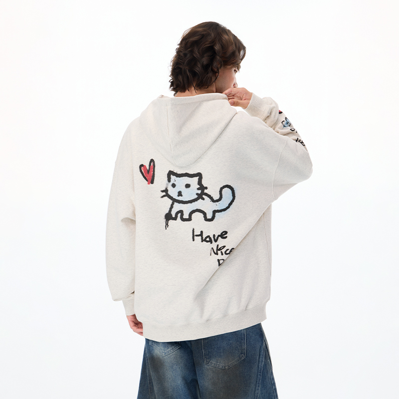 LAMLICKA卡通小猫灰色卫衣连帽美式慵懒长袖上衣帽衫重磅宽松外套 - 图1