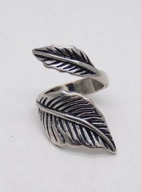 复古烧银树叶开口戒指古典饰品