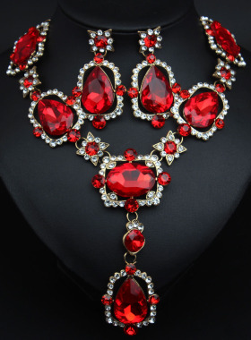 复古夸张方块大宝石水钻宴会礼服项链耳环首饰套装时尚摄影配饰品