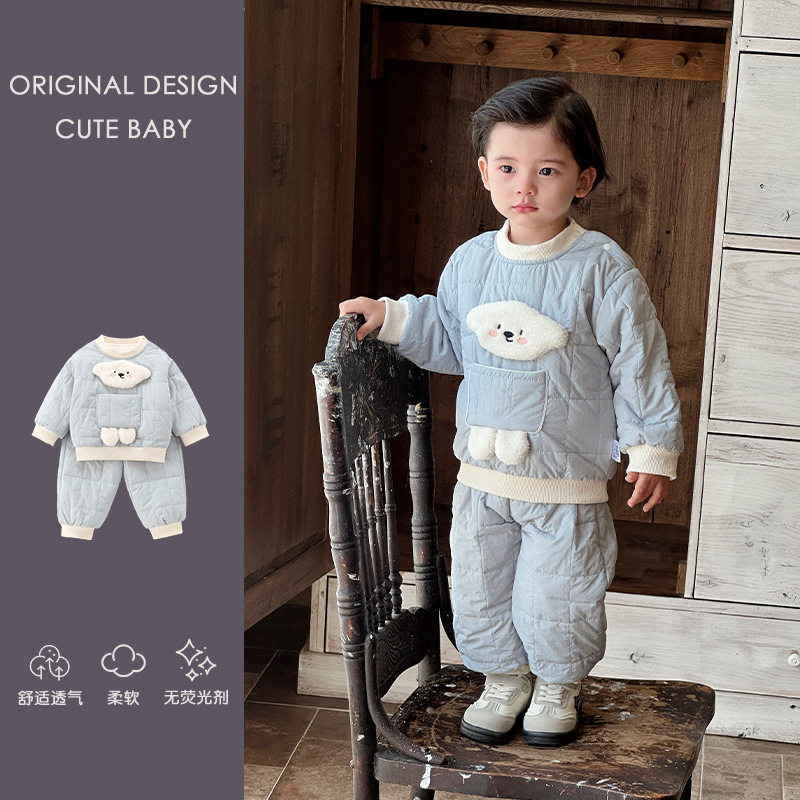 儿童套装秋冬装男女宝宝小狗家居服夹棉棉衣棉裤婴幼儿分体两件套,淘宝优惠券,粉丝福利购,淘宝优惠卷
