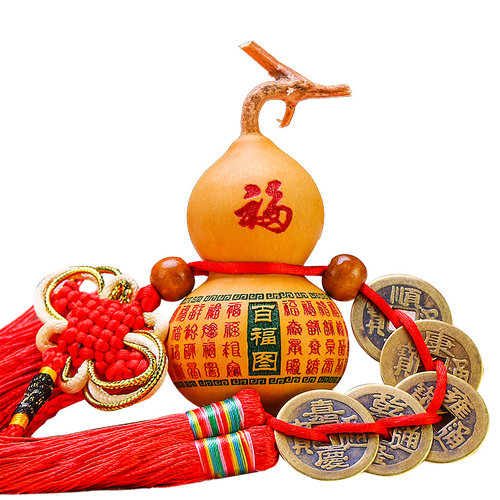 天然葫芦挂件文玩客厅雕花烙画手捻小床头葫芦手把五帝钱铜钱摆件 - 图0