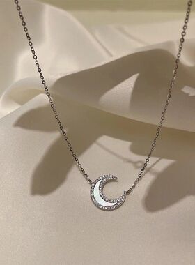 s925纯银白贝母月亮项链女高级感