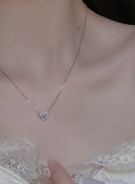 s925纯银蝴蝶结爱心项链女简约