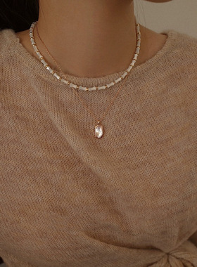 s925纯银贝壳吊坠项链女法式复古