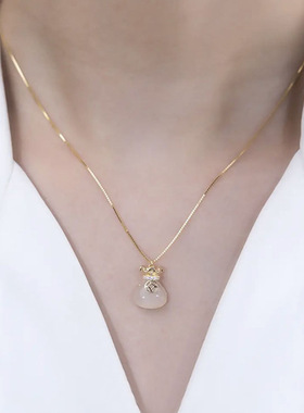 s925纯银白玉髓福袋国风锁骨链女