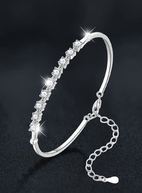 莫桑钻s925纯银手镯女实心镯子排钻手链可调节时尚珠宝首饰品