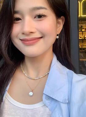 白百何同款巴洛克珍珠项链女双层叠戴蛇骨链女高级感轻奢毛衣链潮
