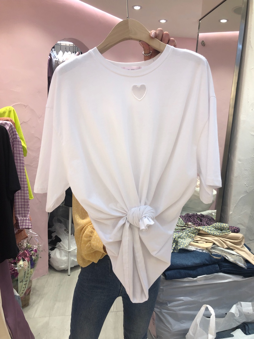 韩国东大门2024夏季新款甜美圆领套头爱心t恤女宽松洋气减龄上衣 - 图0
