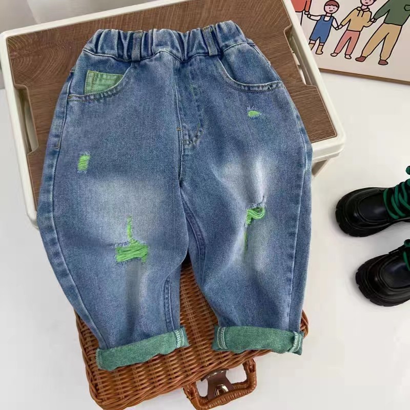 绿色破洞牛仔裤网红潮流新款童装儿童裤子男童女童休闲裤春秋长裤,淘宝优惠券,粉丝福利购,淘宝优惠卷