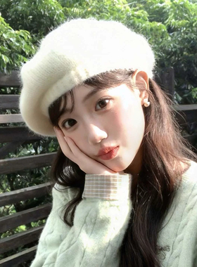 马海毛针织毛线白色贝雷帽女