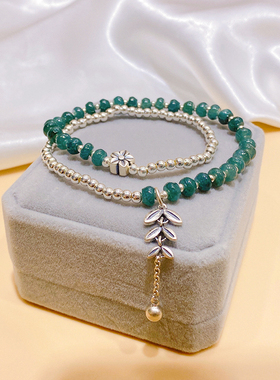 s925纯银圆珠蓝水翡翠双层手链女