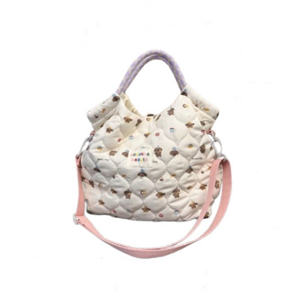 佑木包袋秋冬绗缝夹棉韩国卡通图案手拎包手提单肩斜挎按扣布袋女,淘宝优惠券,粉丝福利购,淘宝优惠卷